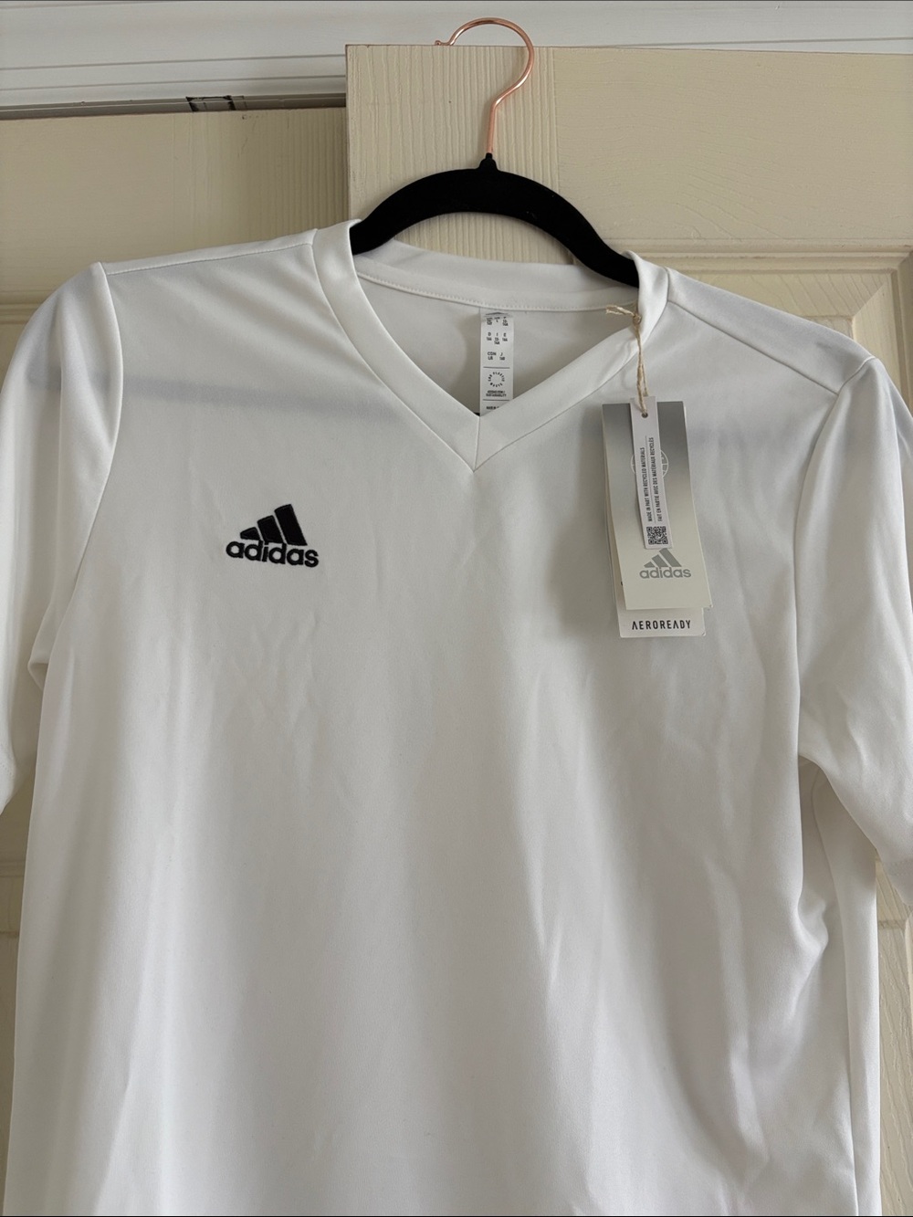 adidas White Short Sleeve V-Neck AEROREADY Tee with Black Logo